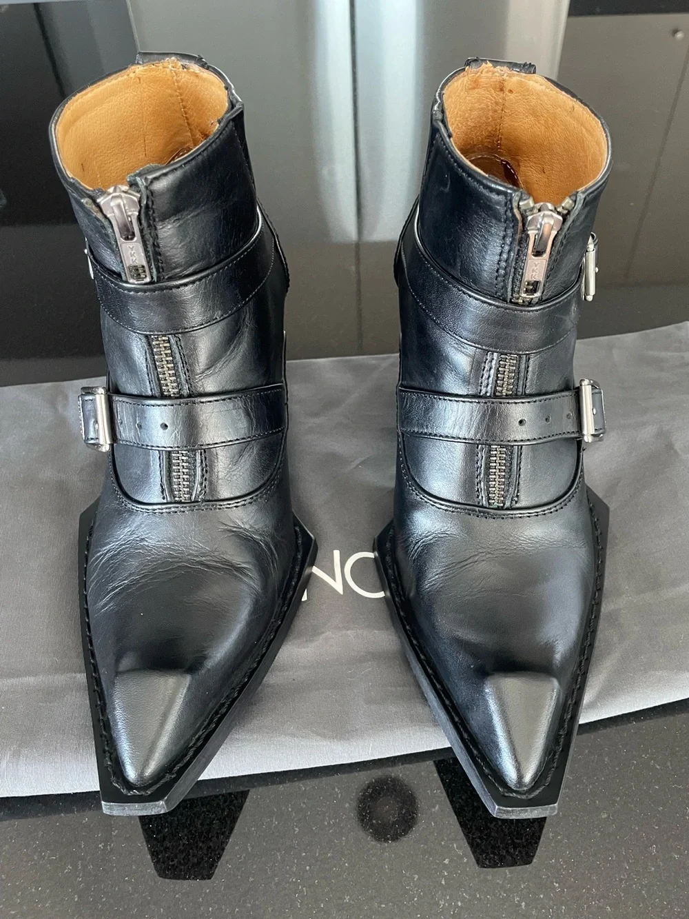 John Fluevog, black swordfish buckle/zip boot. Size 7.